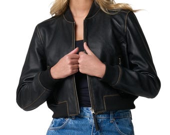 Women’s Black Cropped Leather Jacket Genuine Handmade Bomber Moto Coat Luxury Streetwear Gift