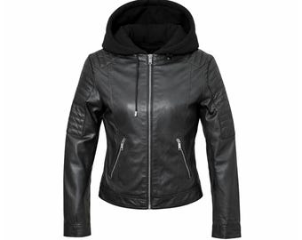 Chaqueta de cuero negra para mujer con capucha, de auténtica piel de cordero, estilo motero, corte ajustado, abrigo de invierno.