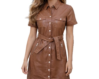 Handmade Brown Cowhide Leather Shirt Dress | Belted Western Midi - Etsy