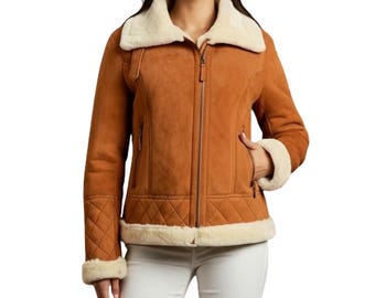 Women’s Shearling Leather Jacket Suede Lambskin Aviator Coat Warm Winter Fur Lined Biker handmade
