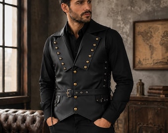 Chaleco de cuero negro para hombre, estilo gótico steampunk, motero, renacentista, medieval, con cinturón ajustable.