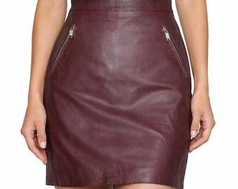 Women's Burgundy Leather Mini Skirt Genuine Lambskin High Waist Bodycon Pencil Handmade Skirt