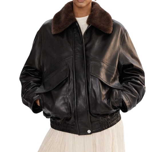 Oversized Brown Leather Jacket Women Aviator Bomber Genuine Leather Streetwear handmade Coat