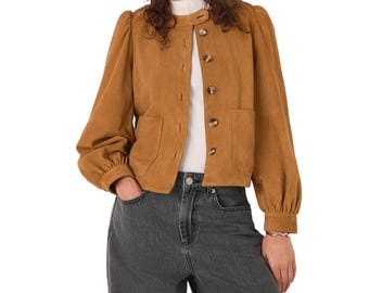 Women’s Brown Suede Cropped Jacket – Vintage Puff Sleeve Button-Up Real Suede Chic Coat