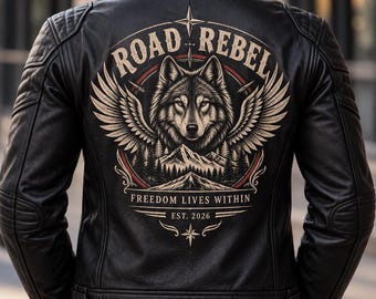 Może przedstawiać: Czarna skórzana kurtka z dużą grafiką na plecach. Wzór przedstawia głowę wilka ze skrzydłami, górski krajobraz oraz napis ROAD REBEL, FREEDOM LIVES WITHIN i EST. 2026. Kurtka posiada pikowane panele na ramionach oraz zapięcia na zamek błyskawiczny.