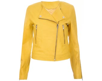 Women Mustard Yellow Leather Jacket Slim Fit Biker Moto Genuine Lambskin Handmade Coat