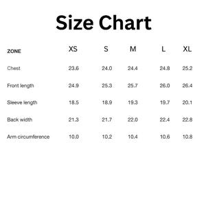 May include: A white size chart with black text. The chart includes measurements for chest, front length, sleeve length, back width, and arm circumference, with sizes ranging from XS to XL. The title "Size Chart" is at the top.