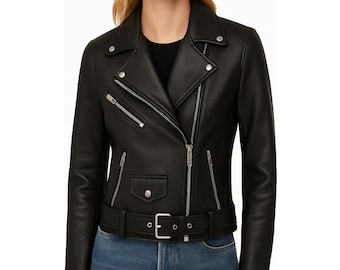 Chaqueta de motociclista de cuero genuino negro para mujer, abrigo de moto de cuero auténtico hecho a mano.