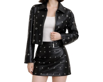 Women’s Genuine Leather 2 Piece Set, Black Studded Biker Jacket and Mini Skirt, Moto