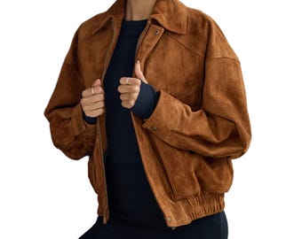 Bruin suède bomberjack dames, oversized vintage leren jack, casual streetwear jas, relaxte pasvorm