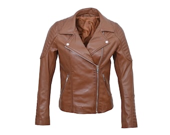 Women Brown Leather Biker Jacket Genuine Lambskin Slim Fit Moto Handmade Fashion Wear