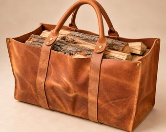 Leather Log Carrier Bag, Rustic Firewood Tote, Brown Fireplace Wood Holder, Durable Storage Basket