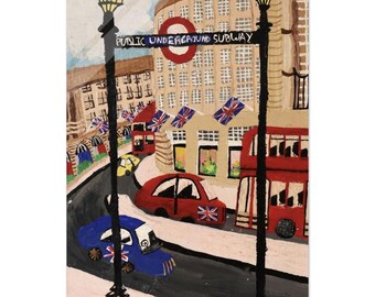 May include: A colorful acrylic painting of a London street scene. The artwork features a red double-decker bus, red and blue cars, and the Public Underground Subway sign. Union Jack flags decorate the buildings.