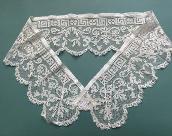 Antique Wide Ivory Cotton Filet Lace Collar, Antique Cotton Lace, Antique Ecru Lace Trim