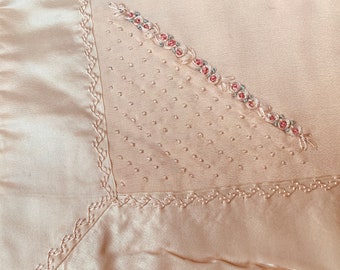 Antique Baby Coverlet Peach Crepe and Ivory Silk Rose Bud Embroidered Baby Carriage Coverlet, Silk Baby Doll Blanket for Bassinet Crib