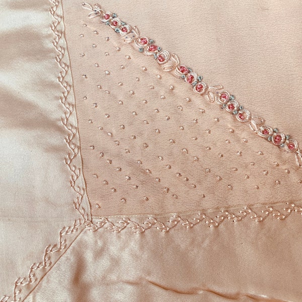 Antique Baby Coverlet Peach Crepe and Ivory Silk Rose Bud Embroidered Baby Carriage Coverlet, Silk Baby Doll Blanket for Bassinet Crib