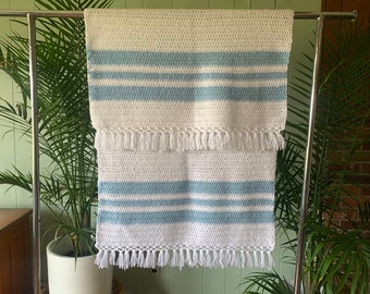 Vintage Handmade Crocheted Baby Blanket Afghan White with Blue Stripes,