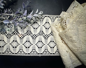 Antique Handmade Ivory Wide Cotton Bobbin Lace Austria, Vintage Austrian Lace, Antique Ivory Wide Cotton Lace