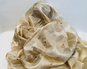 Vintage MCM Mid Century Sheer Gold Embroidered Fabric, Vintage Curtain Textiles, Vintage Sheer Gold Material