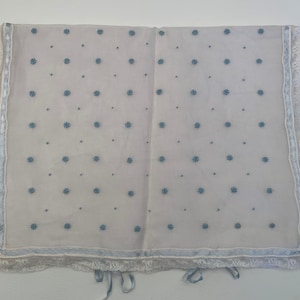 Vintage 1940s Lingerie Bag White Organdy and Blue Floral Embroidered Lace Trim Letter N Monogram, Vintage Nightgown Storage Bag