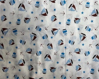 Vintage 1940s Nautical Little Boy Cotton Sail Boat Fabric, Children Fabric Boats Sewing Supplies