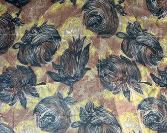 Vintage 1960s Floral Chrysanthemum Silk Chiffon Fabric Black Golds Brown Floral Design