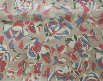 Vintage 1950s Tan Abstract Rose Red Blue Floral Design Chiffon Silk Fabric
