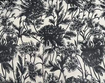 Vintage Black and White Floral Silk Chiffon Chrysanthemum Fabric 5 3/4 Yards