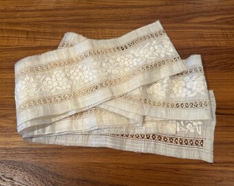 Antique Wide Embroidered Ivory Rice Linen Hand Drawn Lace
