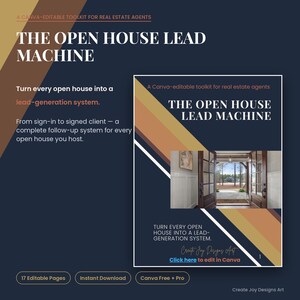 May include: A digital marketing toolkit for real estate agents titled The Open House Lead Machine. The design features a dark blue background with diagonal stripes in tan and brown, and a central image of an open doorway leading outside.