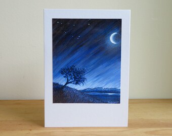 Into the Twilight - Tree Under Crescent Moon - Inspirational / Birthday / Sympathy / Just Because / Blue Greeting Card
