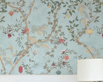 Chinoiserie Bird Wallpaper – Blue Asian Garden Wall Mural with Fruit Trees & Lanterns, Vintage Oriental Decor