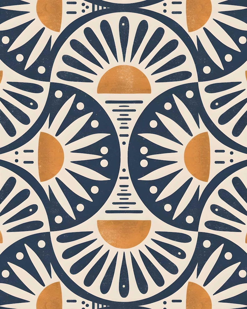 Navy and mustard sun pattern wall mural
