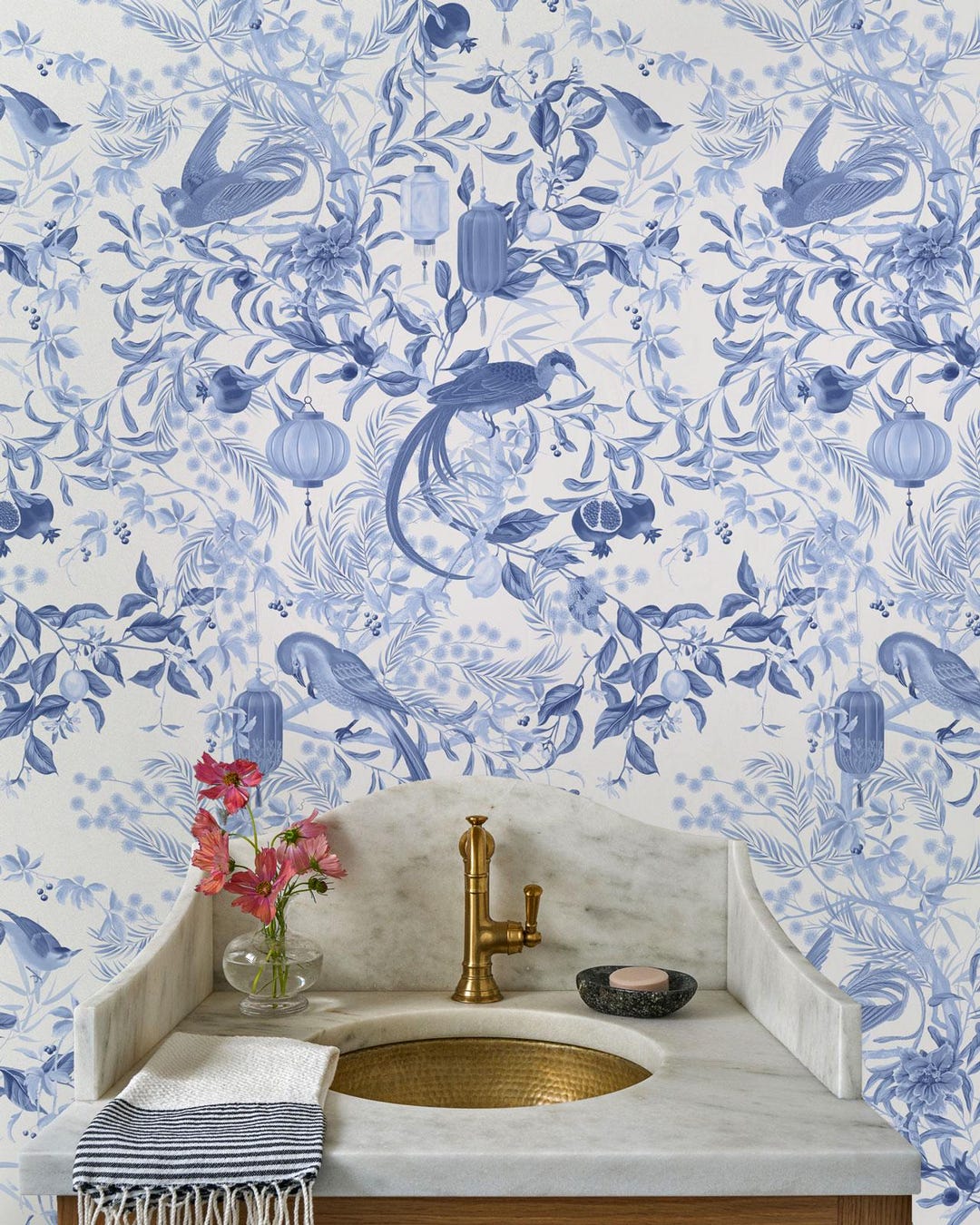 Blue Chinoiserie Bathroom Wallpaper, Bird Floral Pattern, Powder Room ...