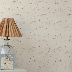 Papel tapiz Golden Star: estampado celestial crema, decoración de pared neutra moderna, estampado de estrellas cósmicas para dormitorio o guardería, 8-124 colores 1