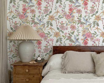 French Country Wallpaper Roll, Pink Floral Wallpaper for Bedroom, Cottage Garden Wall Decor