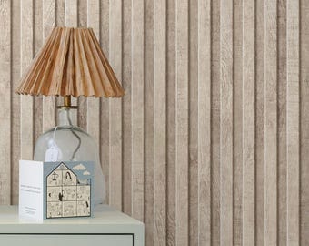 Neutral Wood Slat Wallpaper, Beige Textured Wall Panel Look, Peel and Stick Wall Covering for Bedroom or Living Room