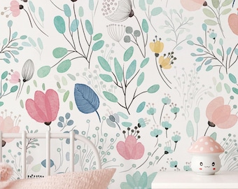 Nursery Floral Wallpaper, Watercolor Wildflower Wall Mural, Pink Boho Baby Girl Room Decor, Peel and Stick, Pastel Botanical