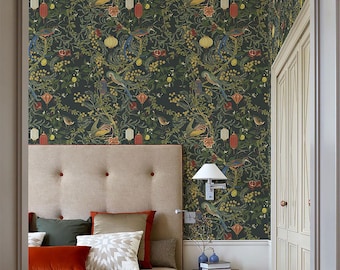 Chinoiserie Wallpaper Green, Chinese Birds Pattern, Oriental Wall Panels, Asian Theme Wallpaper for Bathroom or Living Room