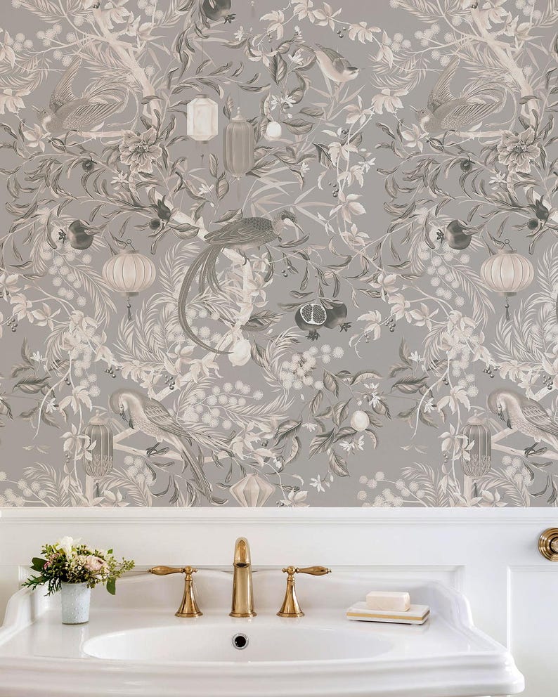 Taupe Chinoiserie Wall Panels for Powder Room, Bird and Branch Bathroom ...