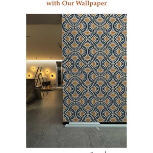 Geometric Wallpaper Roll, Mid Century Modern Home Decor, Retro Sun Pattern, Navy Mustard Design, Accent Feature Mural, 8-102P-1 image 8