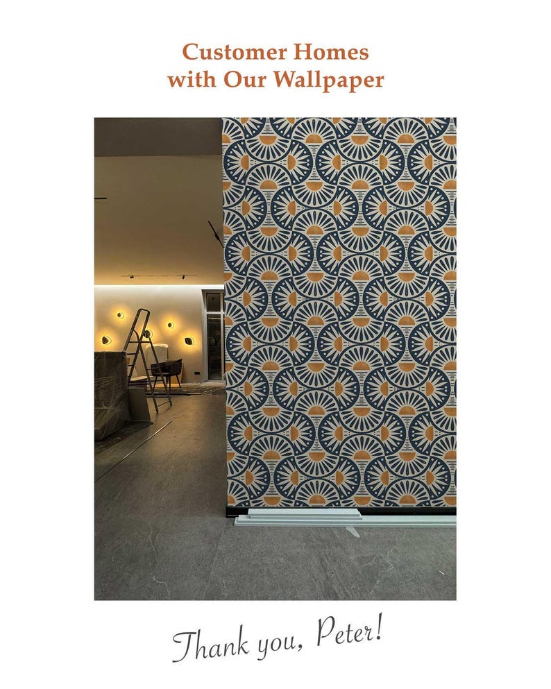 Geometric Wallpaper Roll, Mid Century Modern Home Decor, Retro Sun Pattern, Navy Mustard Design, Accent Feature Mural, 8-102P-1 image 8