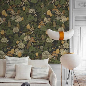 Dark Botanical Forest Wallpaper, Vintage Woodland Pattern, Moody Nature Wall Decor, Roll Wallpaper zdjęcie 3