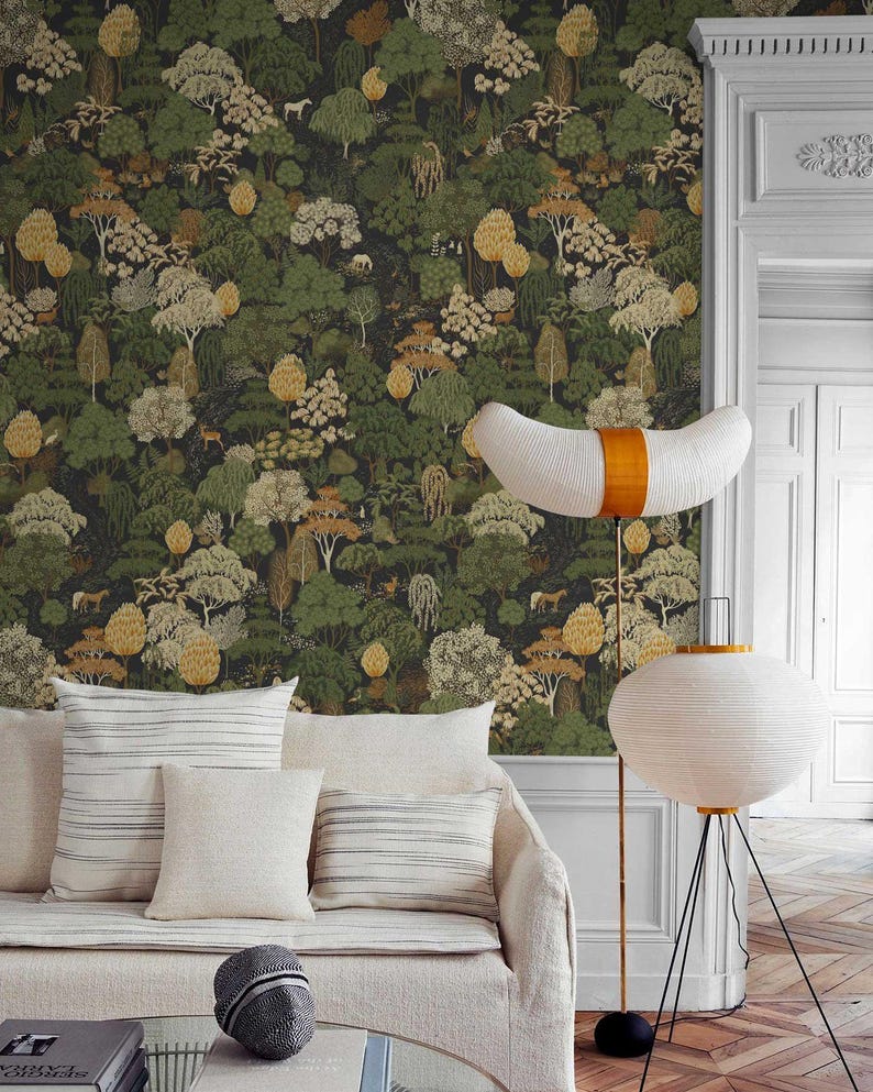 Dark Botanical Forest Wallpaper, Vintage Woodland Pattern, Moody Nature Wall Decor, Roll Wallpaper zdjęcie 3