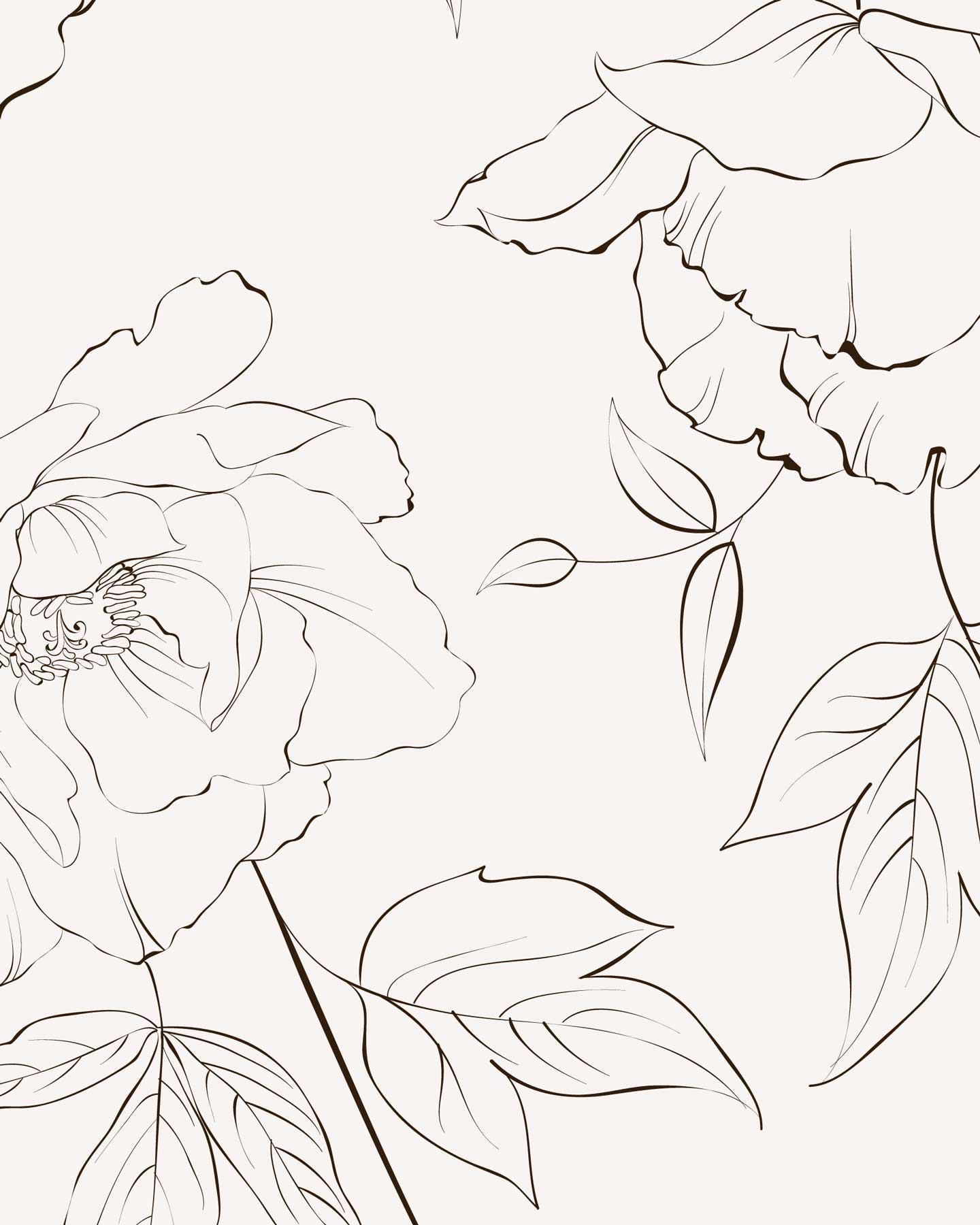Minimal Floral Line Art Wallpaper Roll, Black Outline Flower Pattern