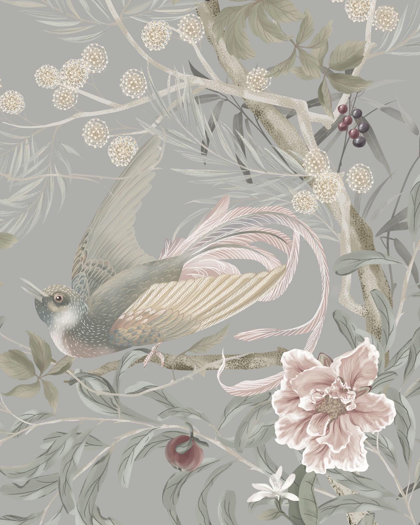 Chinoiserie Bird Wallpaper Gray, Powder Room Decor, Vintage Asian ...