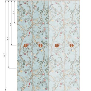 May include: Wallpaper with a repeating pattern of birds, flowers, and branches on a light blue background. The pattern repeats every two rolls. The image shows the dimensions of the wallpaper, with each roll being 25 inches wide. The height is 12 feet.