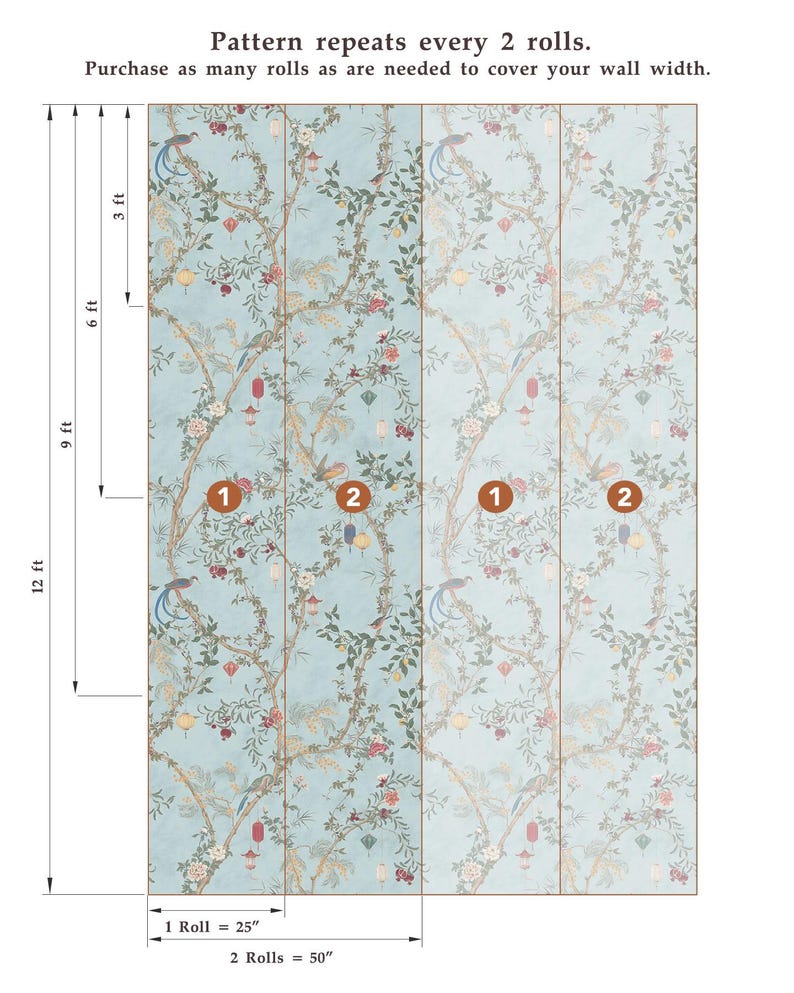 May include: Wallpaper with a repeating pattern of birds, flowers, and branches on a light blue background. The pattern repeats every two rolls. The image shows the dimensions of the wallpaper, with each roll being 25 inches wide. The height is 12 feet.