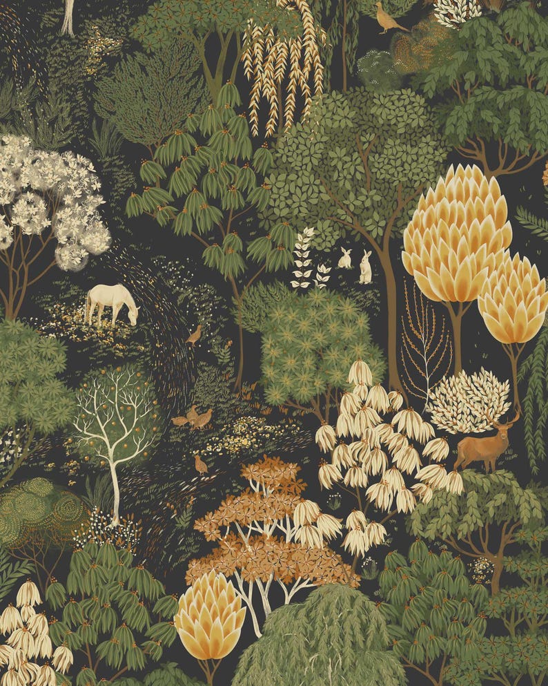 Dark Botanical Forest Wallpaper, Vintage Woodland Pattern, Moody Nature Wall Decor, Roll Wallpaper zdjęcie 12