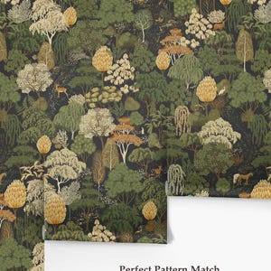 Dark Botanical Forest Wallpaper, Vintage Woodland Pattern, Moody Nature Wall Decor, Roll Wallpaper zdjęcie 6